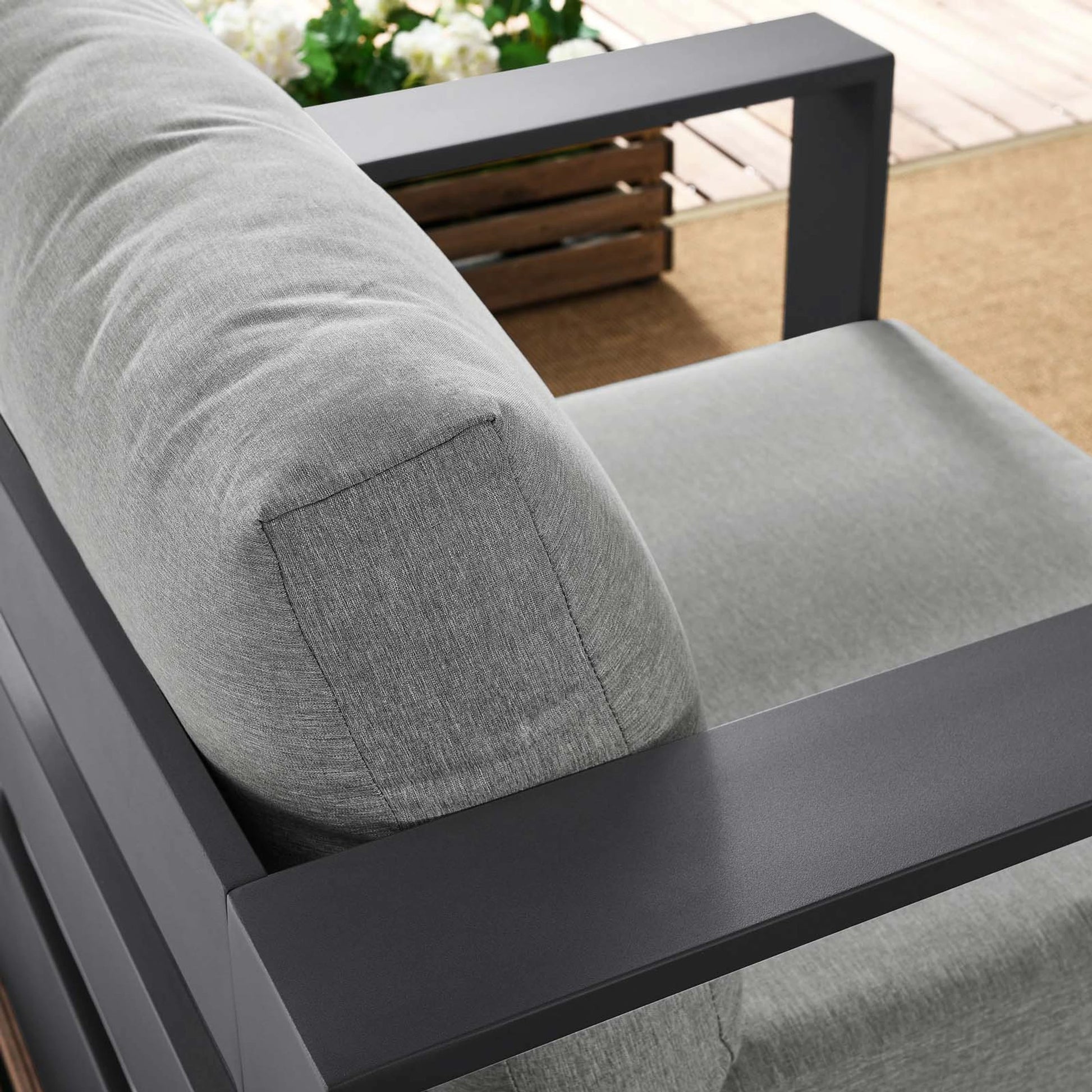 Conejos Powder-Coated Aluminum Armchair by Evans & Londeen. Made from seat cushion: foam density, weimas grey fabric, aluminum white powder coated in a modern style.