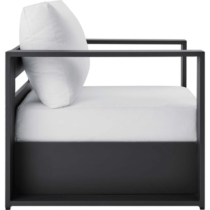 Conejos Powder-Coated Aluminum Armchair by Evans & Londeen. Made from seat cushion: foam density, weimas grey fabric, aluminum white powder coated in a modern style.