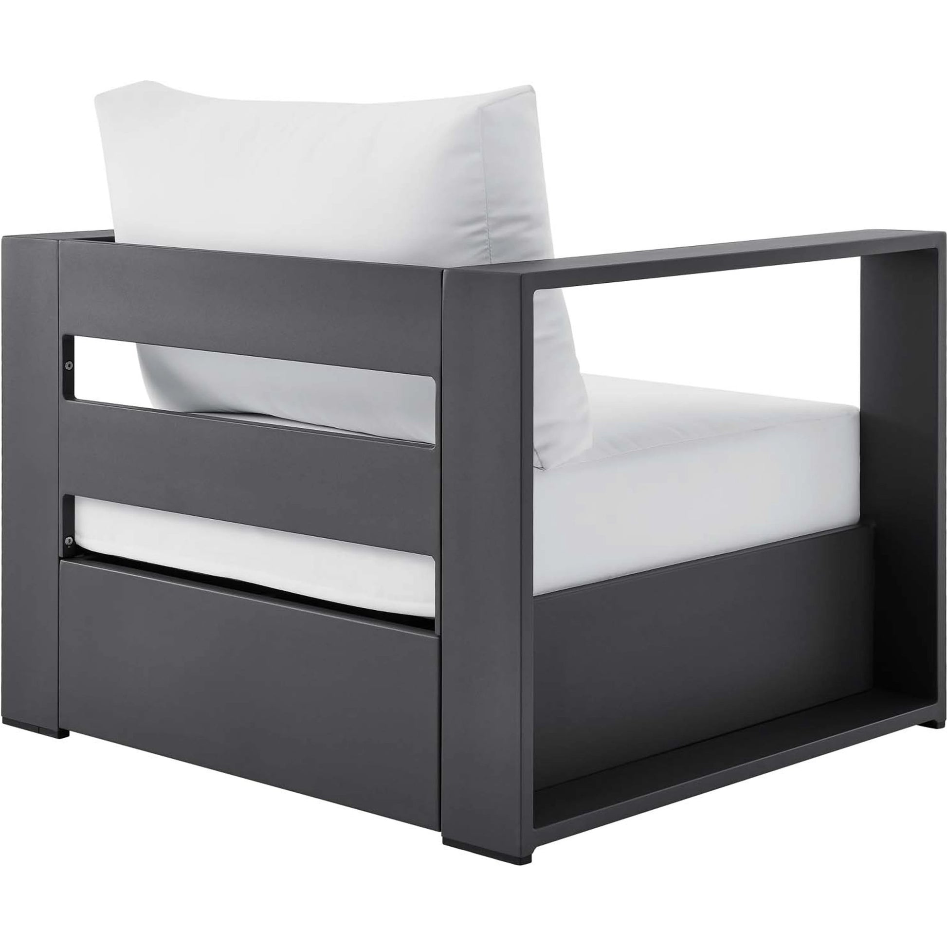 Conejos Powder-Coated Aluminum Armchair by Evans & Londeen. Made from seat cushion: foam density, weimas grey fabric, aluminum white powder coated in a modern style.