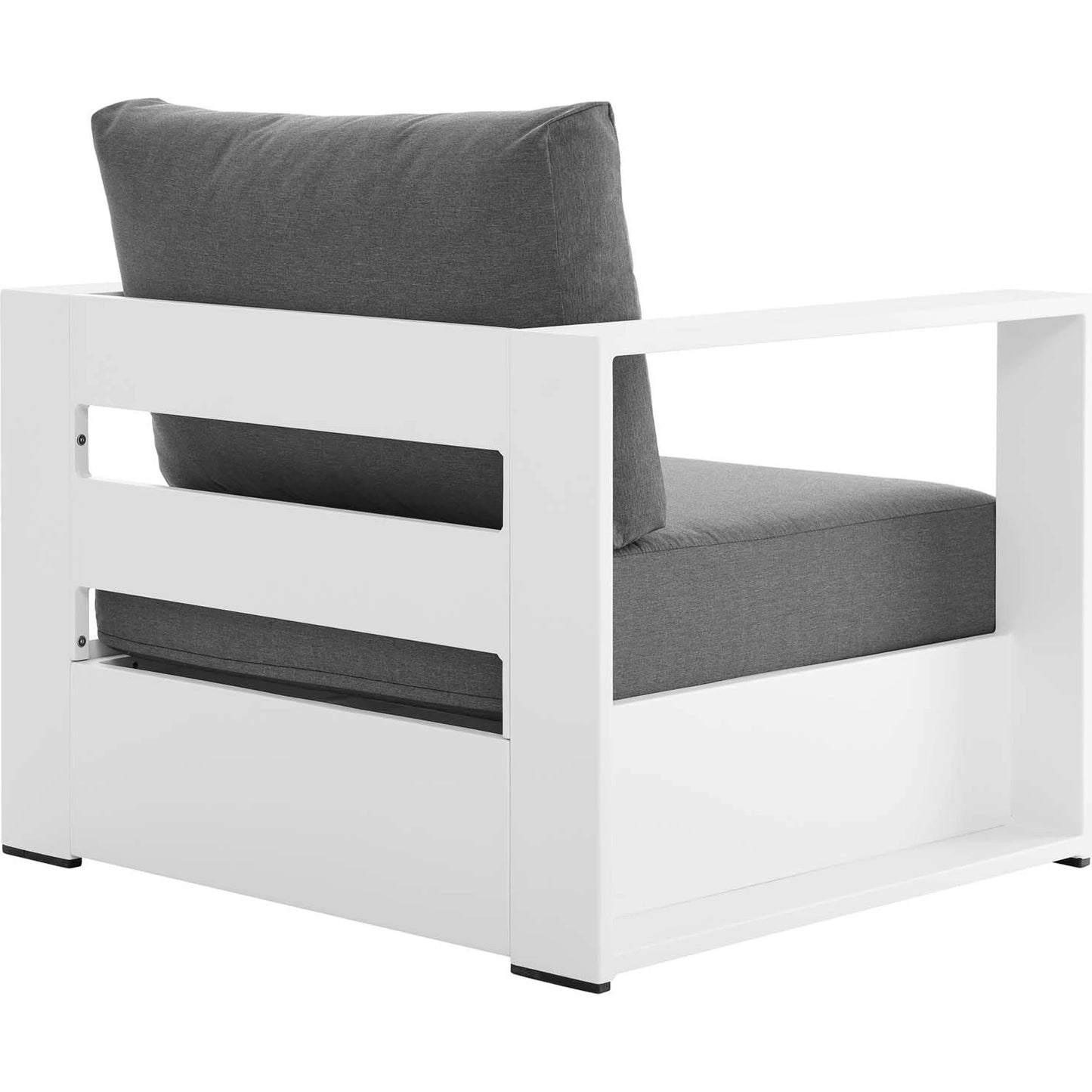 016 SI-1929651 | Additional Silo | Conejos Powder-Coated Aluminum Armchair by Evans & Londeen. Made from seat cushion: foam density, weimas grey fabric, aluminum white powder coated in a modern style.