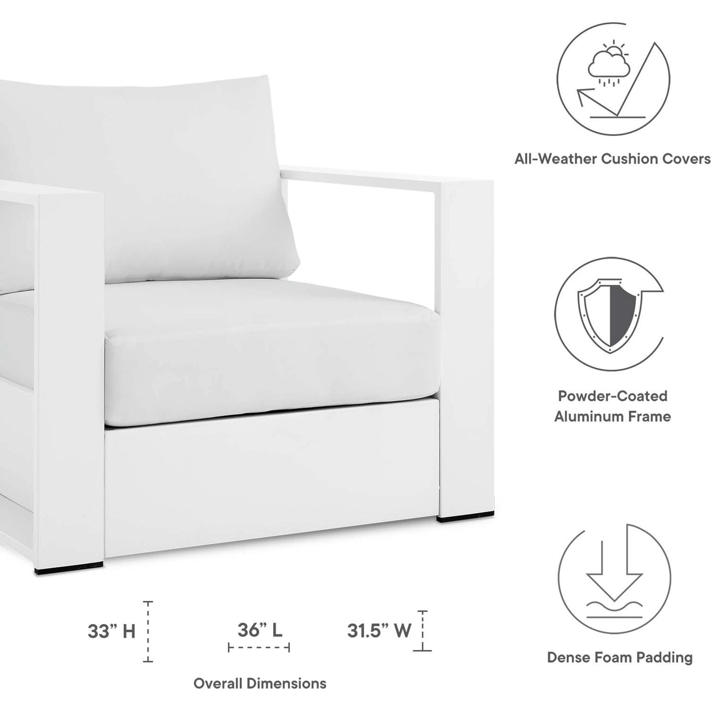 042 SI-1929653 | Additional Silo | Conejos Powder-Coated Aluminum Armchair by Evans & Londeen. Made from seat cushion: foam density, weimas grey fabric, aluminum white powder coated in a modern style.