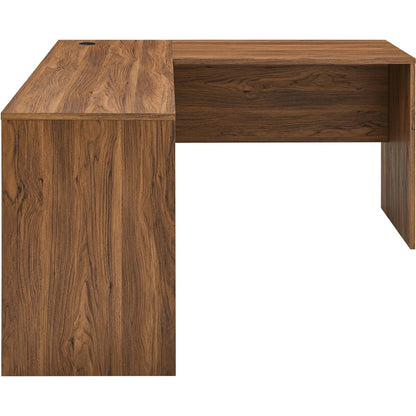 Nicholas L-Shaped Wood Office Desk by Evans & Londeen in walnut. Made from particle board, mdf, engineering wood with straight profile, pp toppan walnut, paper lamination, keyboard tray, tray runner, grommet cover, weight ca