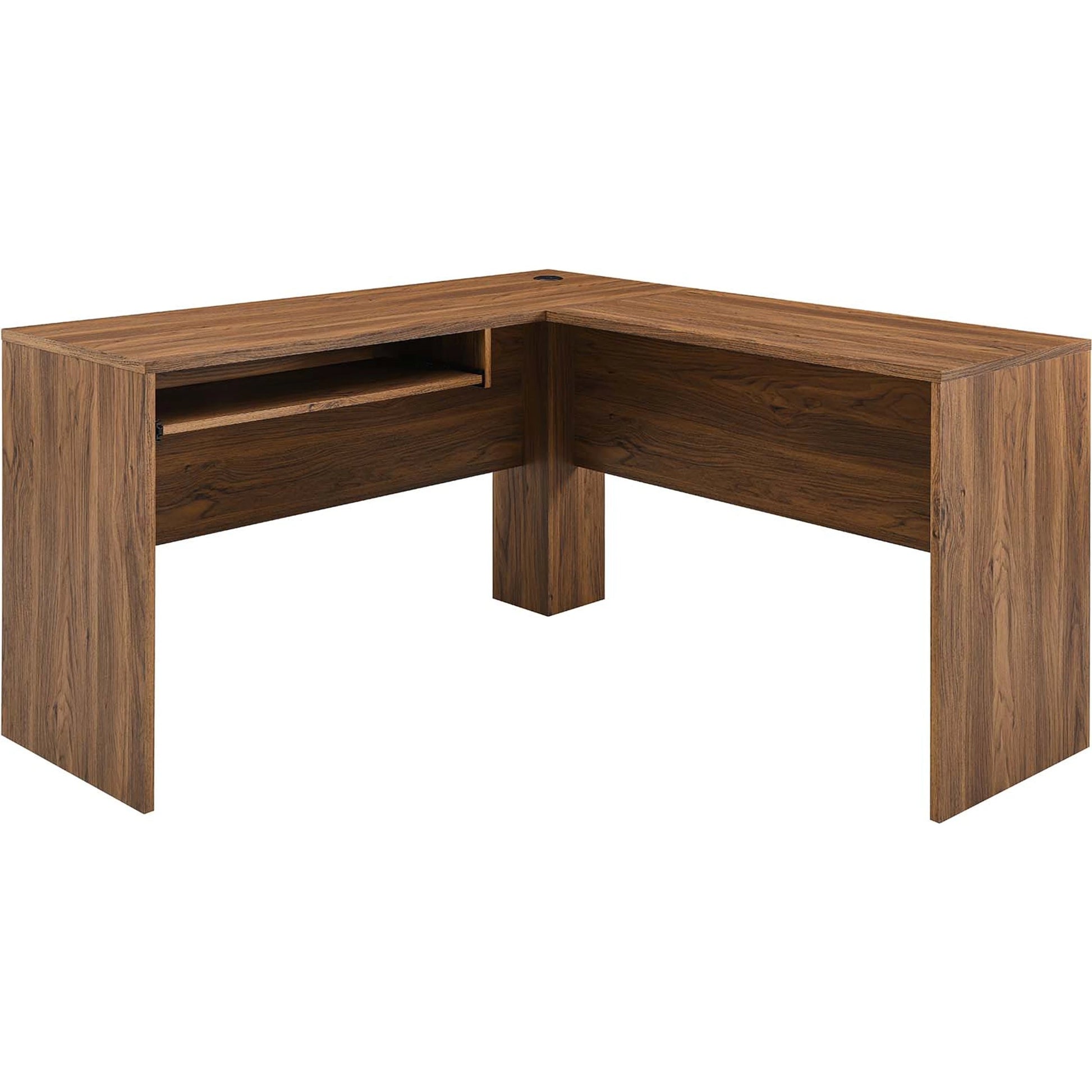Nicholas L-Shaped Wood Office Desk by Evans & Londeen in walnut. Made from particle board, mdf, engineering wood with straight profile, pp toppan walnut, paper lamination, keyboard tray, tray runner, grommet cover, weight capacity: 150