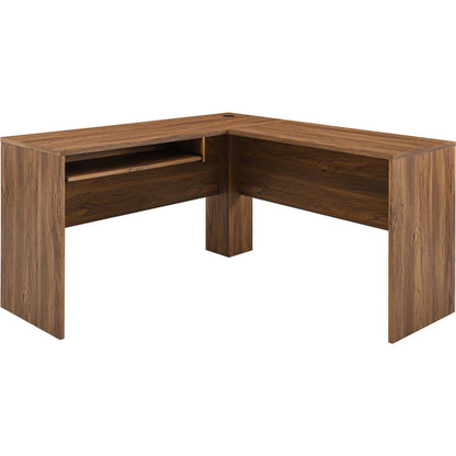 Nicholas L-Shaped Wood Office Desk by Evans & Londeen in walnut. Made from particle board, mdf, engineering wood with straight profile, pp toppan walnut, paper lamination, keyboard tray, tray runner, grommet cover, weight capacity: 150