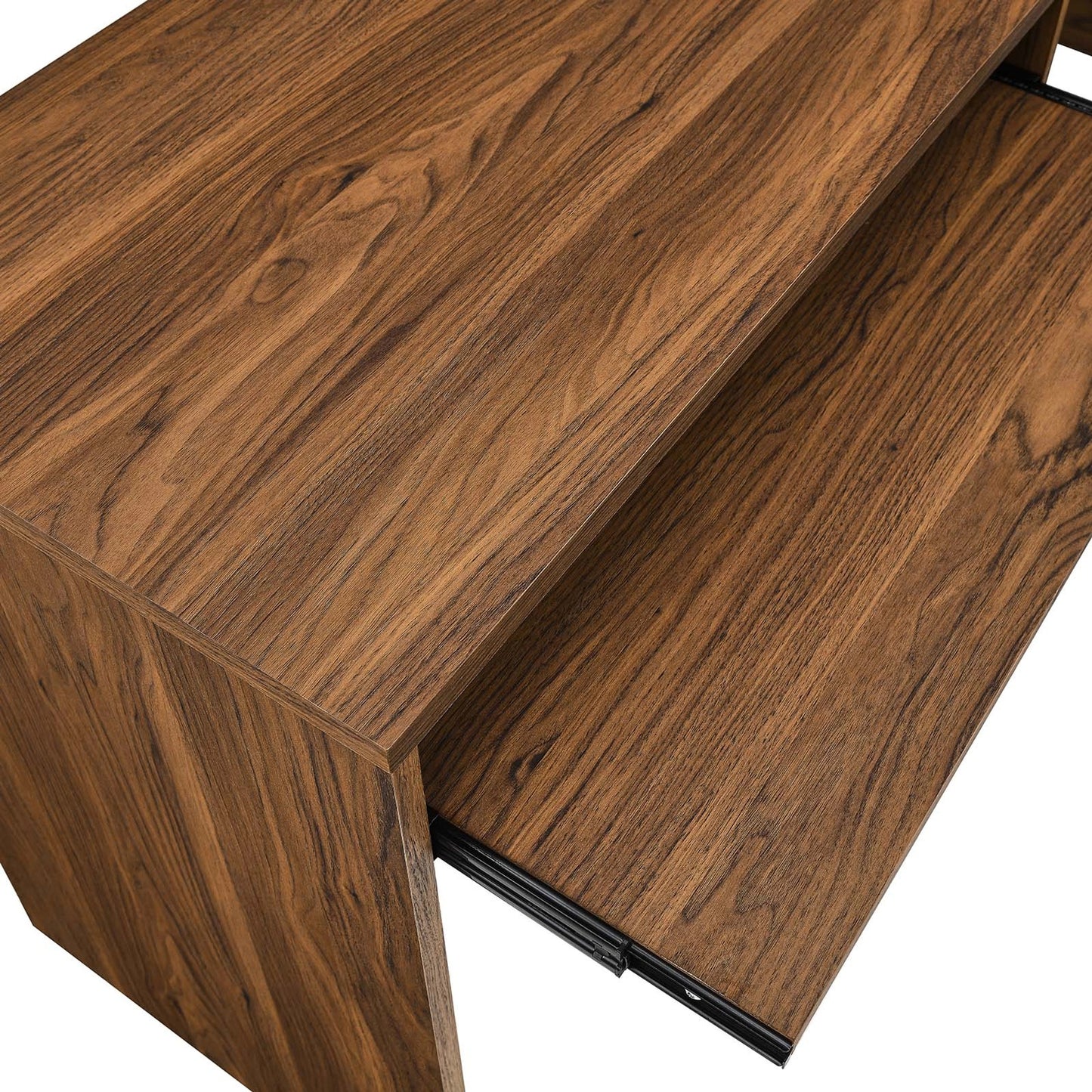003 SI-1929690 | Closeup | Nicholas L-Shaped Wood Office Desk by Evans & Londeen in walnut. Made from particle board, mdf, engineering wood with straight profile, pp toppan walnut, paper lamination, keyboard tray, tray runner, grommet cover, weight capacit