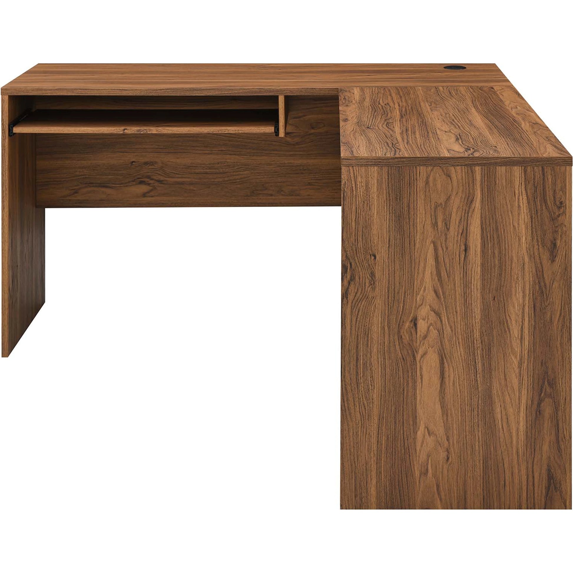 Nicholas L-Shaped Wood Office Desk by Evans & Londeen in walnut. Made from particle board, mdf, engineering wood with straight profile, pp toppan walnut, paper lamination, keyboard tray, tray runner, grommet cover, weight capacity: 150