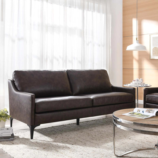 Copeland Sofa by Evans & Londeen. Made from wood frame, zigzag spring, seat: 3 layer foam, bottom: foam with density 30kg, m3, skyline leather with pvc, metal legs powder coated in matte black, plywood in a modern style.
