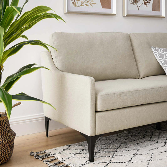 Copeland Sofa by Evans & Londeen. Made from wood frame, zigzag spring, seat: 3 layer foam, bottom: foam with density 30kg, m3, shaotai fabric, 100% polyester, metal legs powder coated in matte black, plywood in a modern style.