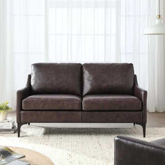 Copeland Loveseat by Evans & Londeen. Made from wood frame, zigzag, seat: 3 layer foam, bottom: foam with density 30kg, m3, skyline leather with same color pvc, metal legs powder coated in matte black, plywood in a modern style