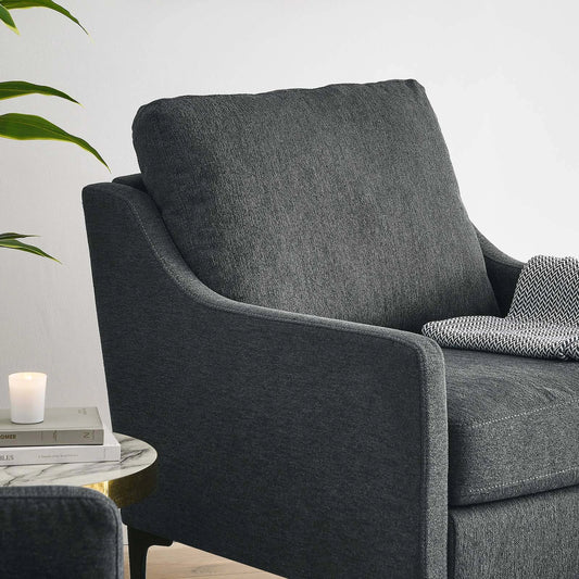 Copeland Armchair by Evans & Londeen. Made from wood frame, zigzag spring, 100% polyester, metal legs powder coated in matte black, bottom is with white foot pins, middle leg is black plastic, plywood in a modern style.