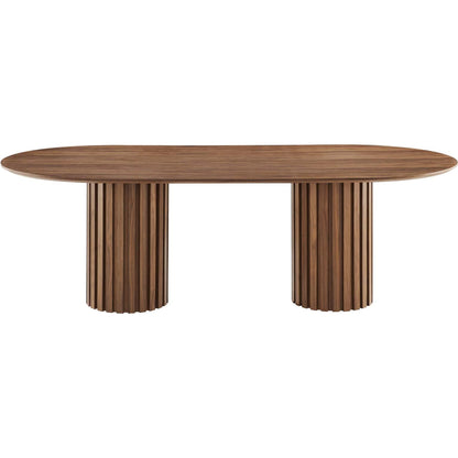 Fairbanks 95" Oval Dining Table by Evans & Londeen. Made from p2 mdf panel, american walut veneer color code: wa-01, bottom of both base is with 1 whole piece of 3mmt felt pad in a modern style.