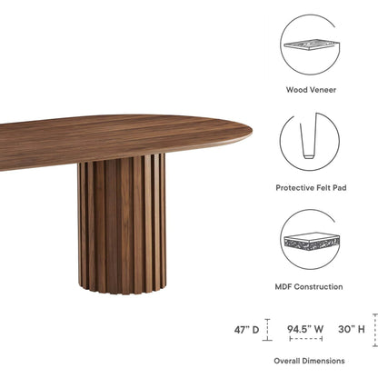 Fairbanks 95" Oval Dining Table by Evans & Londeen. Made from p2 mdf panel, american walut veneer color code: wa-01, bottom of both base is with 1 whole piece of 3mmt felt pad in a modern style.