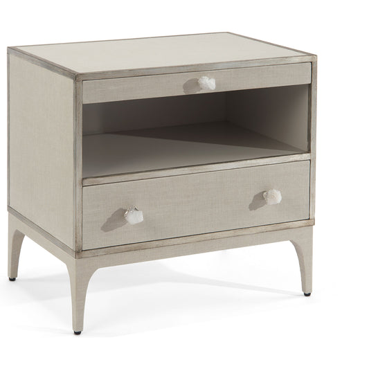 Marais Nightstand by John-Richard in beluga, silver, white and white linen, antique beluga, silver white. Made from beech solids, mdf, maple veneer, linen, crystal, stainless steel, soft closing drawer runners in a transit