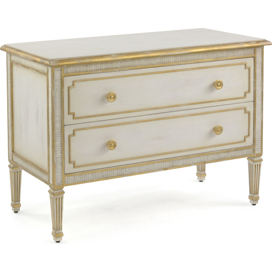 Vallejo Nightstand by John-Richard in beluga, gold and distressed antique beluga, distressed gold. Made from mdf, beech, celtis veneer, steel, resin, soft closing drawer runners in a traditional style.