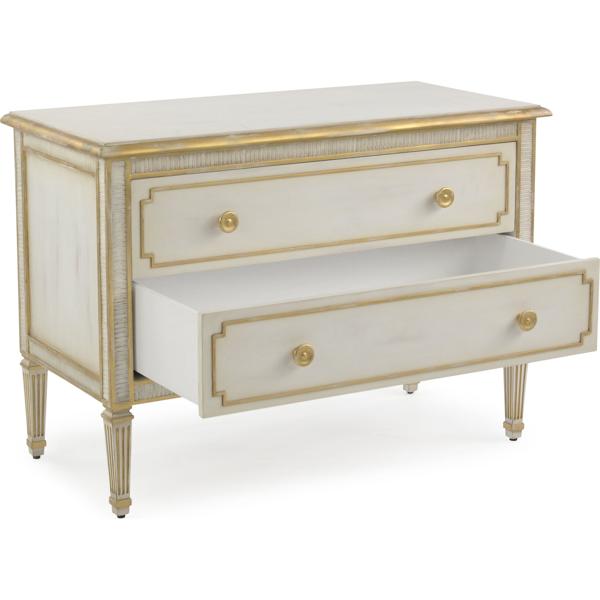 Vallejo Nightstand by John-Richard in beluga, gold and distressed antique beluga, distressed gold. Made from mdf, beech, celtis veneer, steel, resin, soft closing drawer runners in a traditional style.