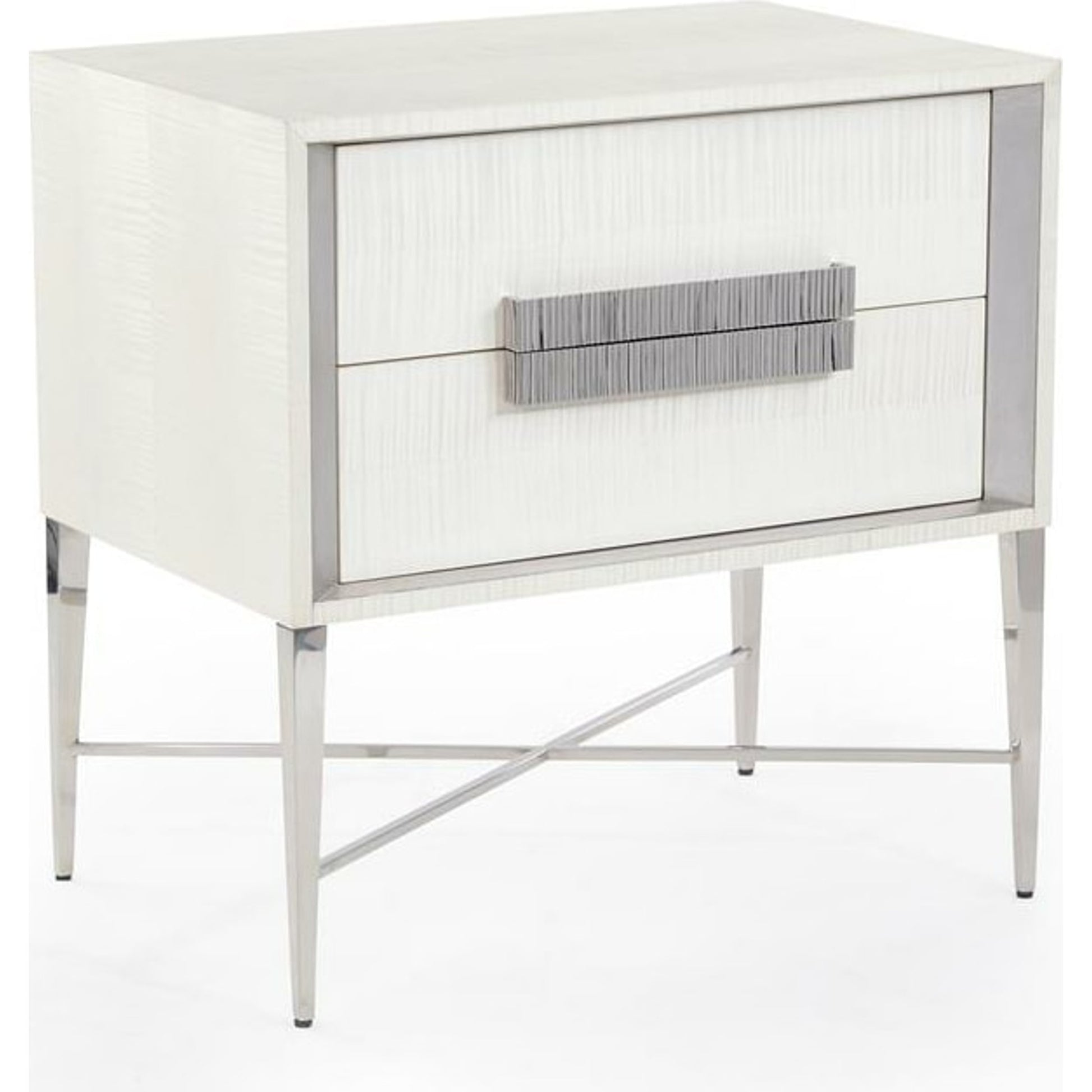 Cifra Nightstand by John-Richard in pewter, silver, stainless steel, white. Made from steel in a modern style.