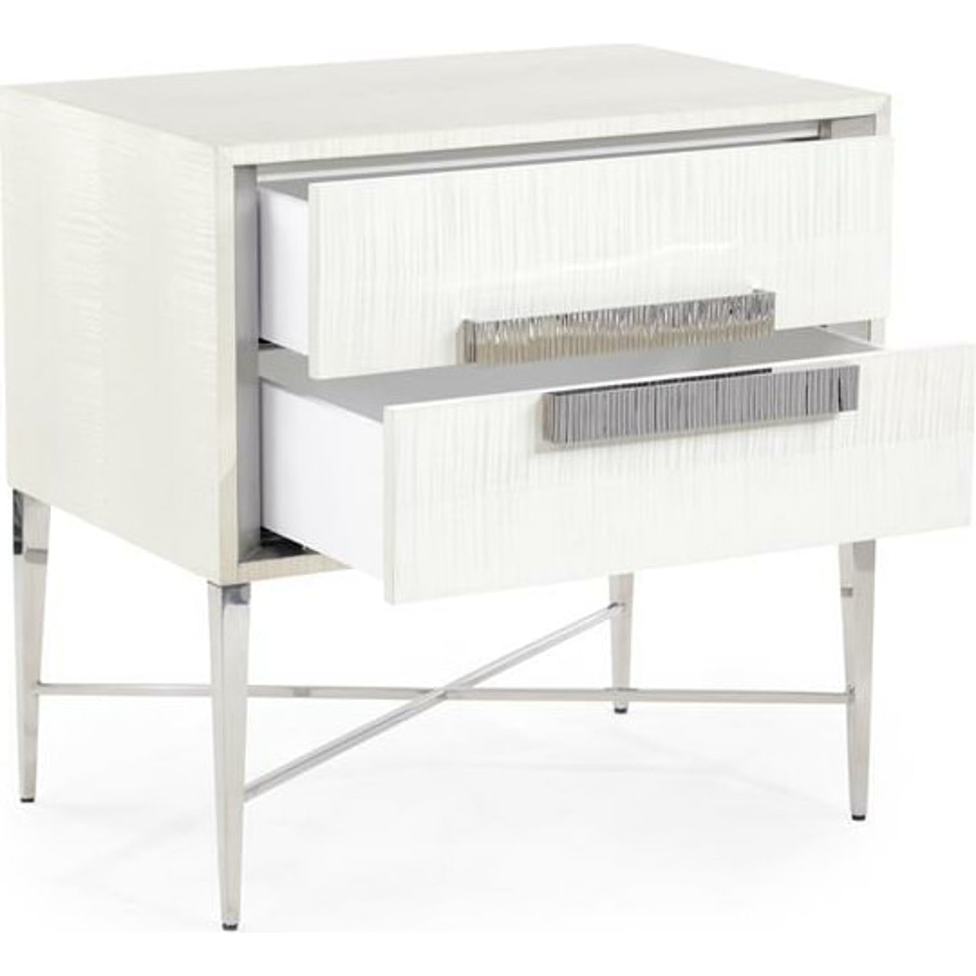 Cifra Nightstand by John-Richard in pewter, silver, stainless steel, white. Made from steel in a modern style.