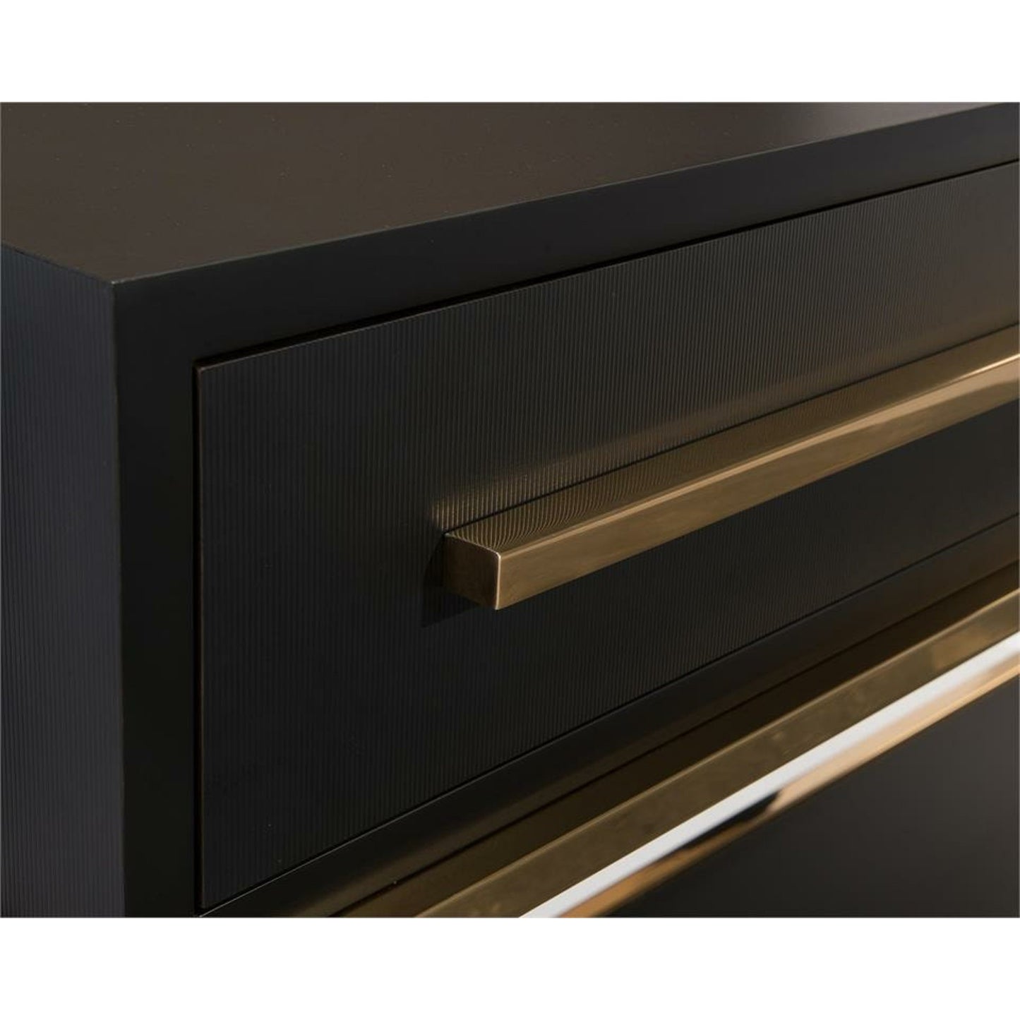 002 SR-864896 | Closeup | Midnight Console Table by John-Richard in black, brass, stainless steel. Made from brass, steel in a transitional style.