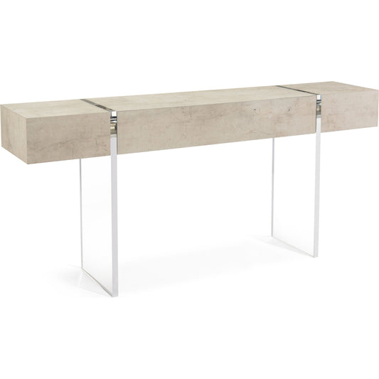 Loftus Console Table by John-Richard in natural and tiza gesso. Made from mdf, acacia solids, celtis veneer, tiza gesso, acrylic in a modern style.