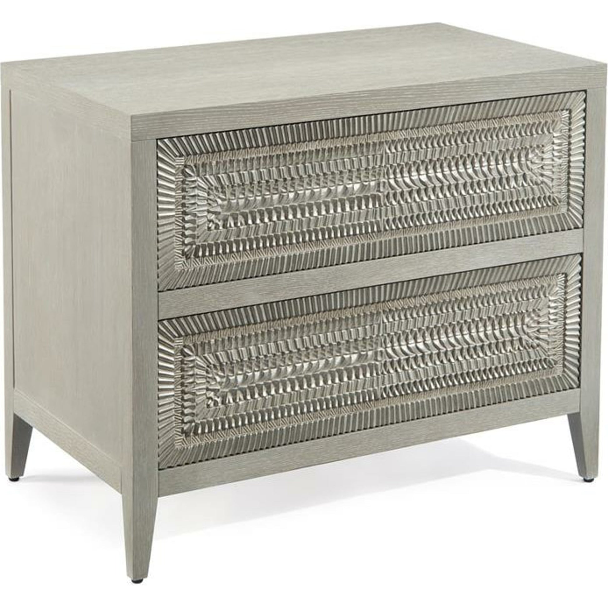 Cosmos Two-Drawer Nightstand by John-Richard in gray, oak, silver, white. Made from unique in a eclectic & global style.