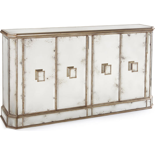 Juno Foxed Mirror Credenza by John-Richard in silver and parisian silver. Made from acacia wood in a traditional style.