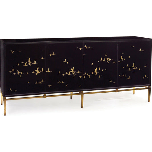 Migration Credenza by John-Richard in black, gold and black, brass. Made from acacia wood, steel, glass in a eclectic & global style.