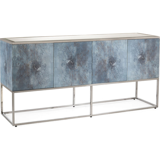 Clayton Cabinet by John-Richard in nickel and blues, nickel. Made from mdf, giclee, stainless steel in a coastal style.