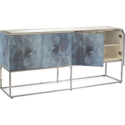 Clayton Cabinet by John-Richard in nickel and blues, nickel. Made from mdf, giclee, stainless steel in a coastal style.