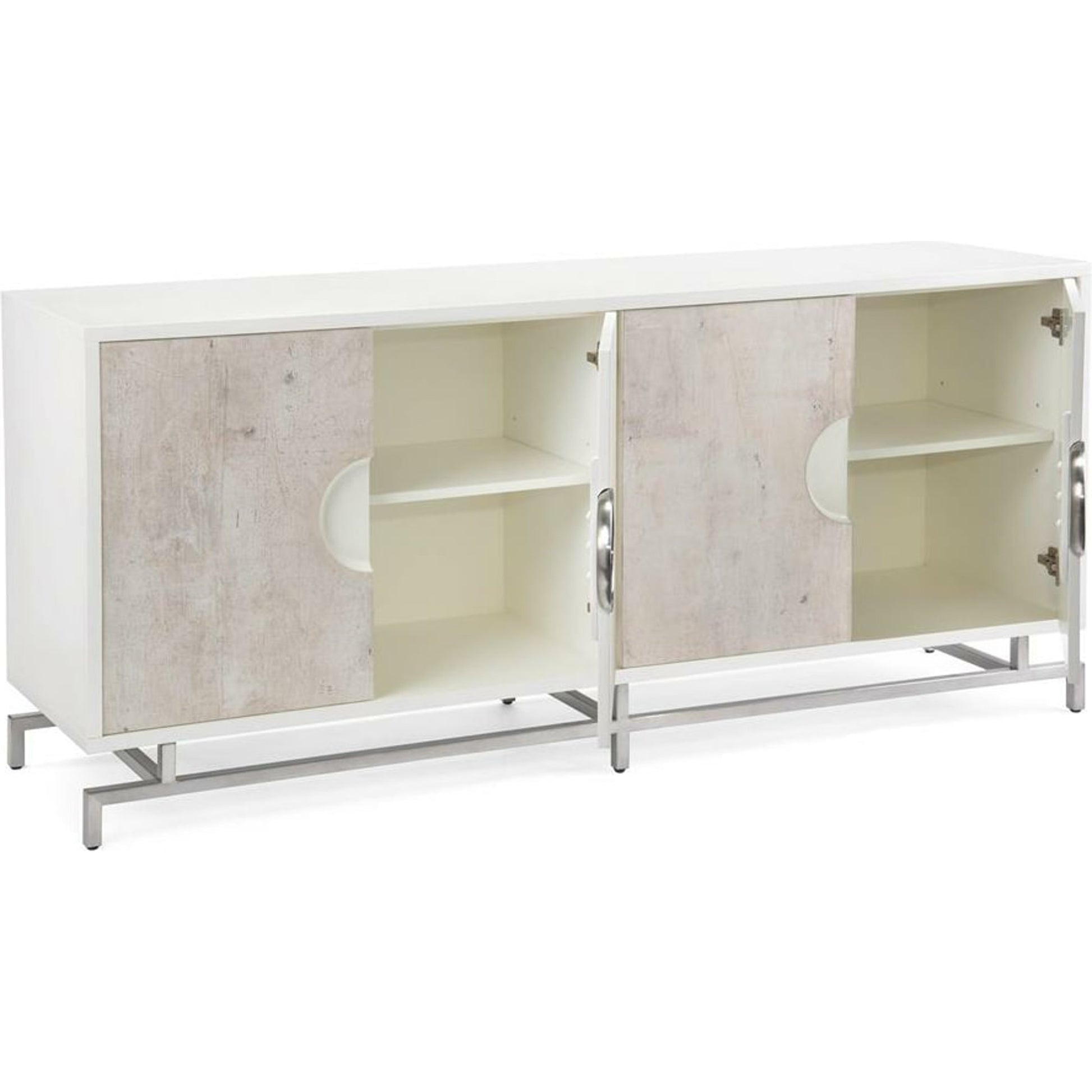 Dante Four-Door Credenza by John-Richard in beluga, stainless steel, white. Made from steel in a modern style.