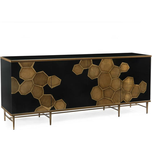 Honeycomb Credenza by John-Richard in black, gold. Made from glass, steel in a modern style.