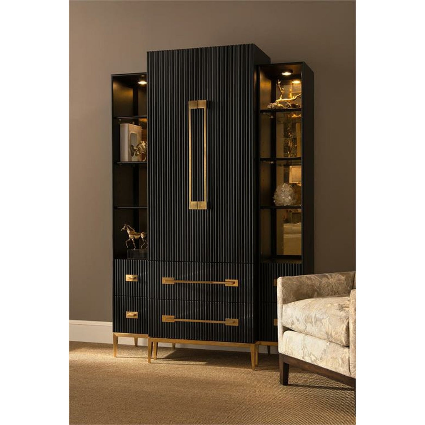 007 SR-863040 | Lifestyle | Black Satin Cabinet by John-Richard in black, brass, gold, stainless steel. Made from brass, steel in a transitional style.