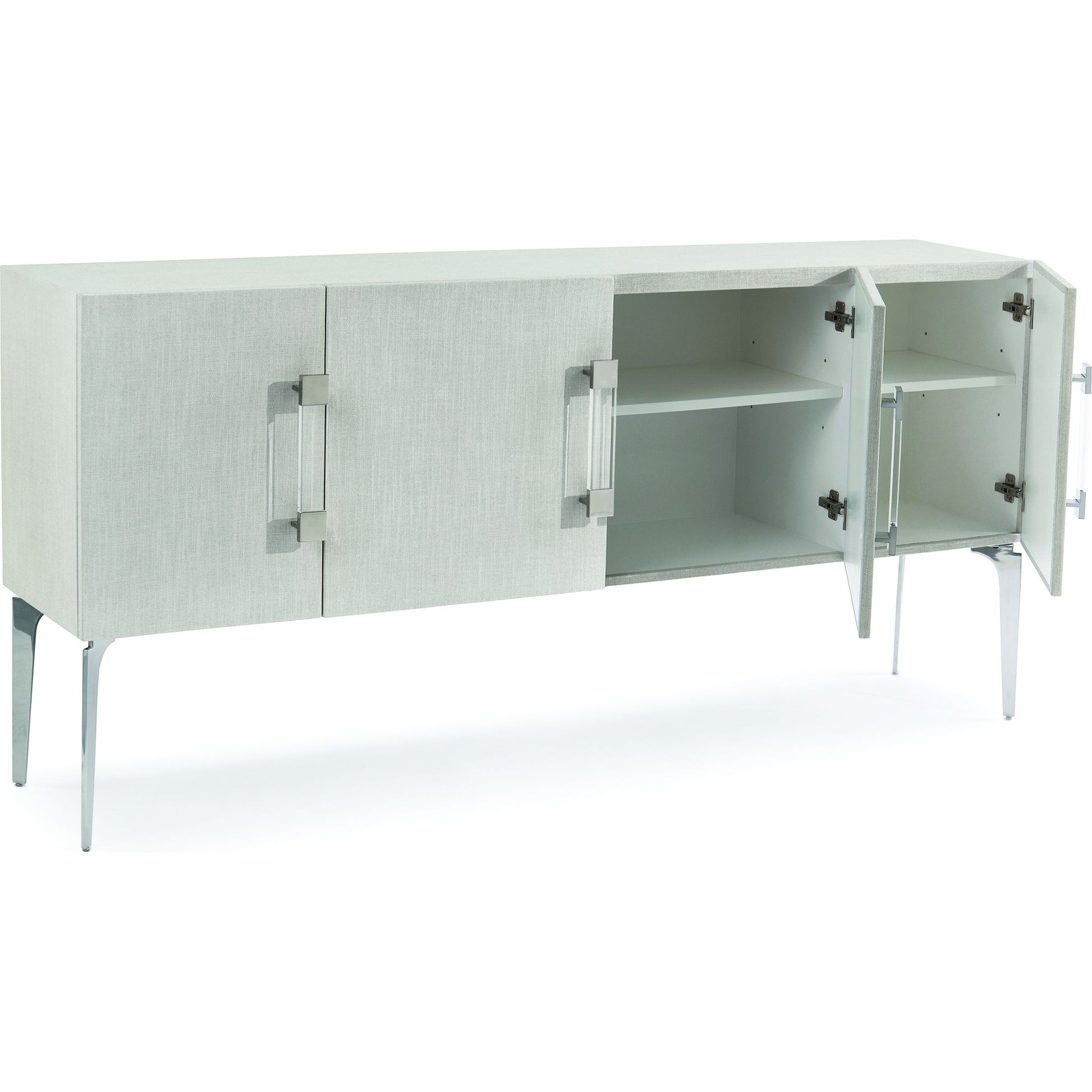 Martino Sideboard by John-Richard in stainless steel, white and white linen. Made from mdf, linen, acrylic, stainless steel in a modern style.