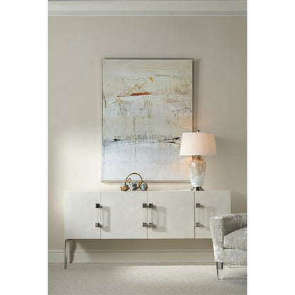 Martino Sideboard by John-Richard in stainless steel, white and white linen. Made from mdf, linen, acrylic, stainless steel in a modern style.