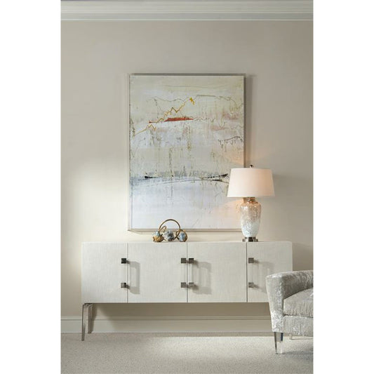 Martino Sideboard by John-Richard in stainless steel, white and white linen. Made from mdf, linen, acrylic, stainless steel in a modern style.
