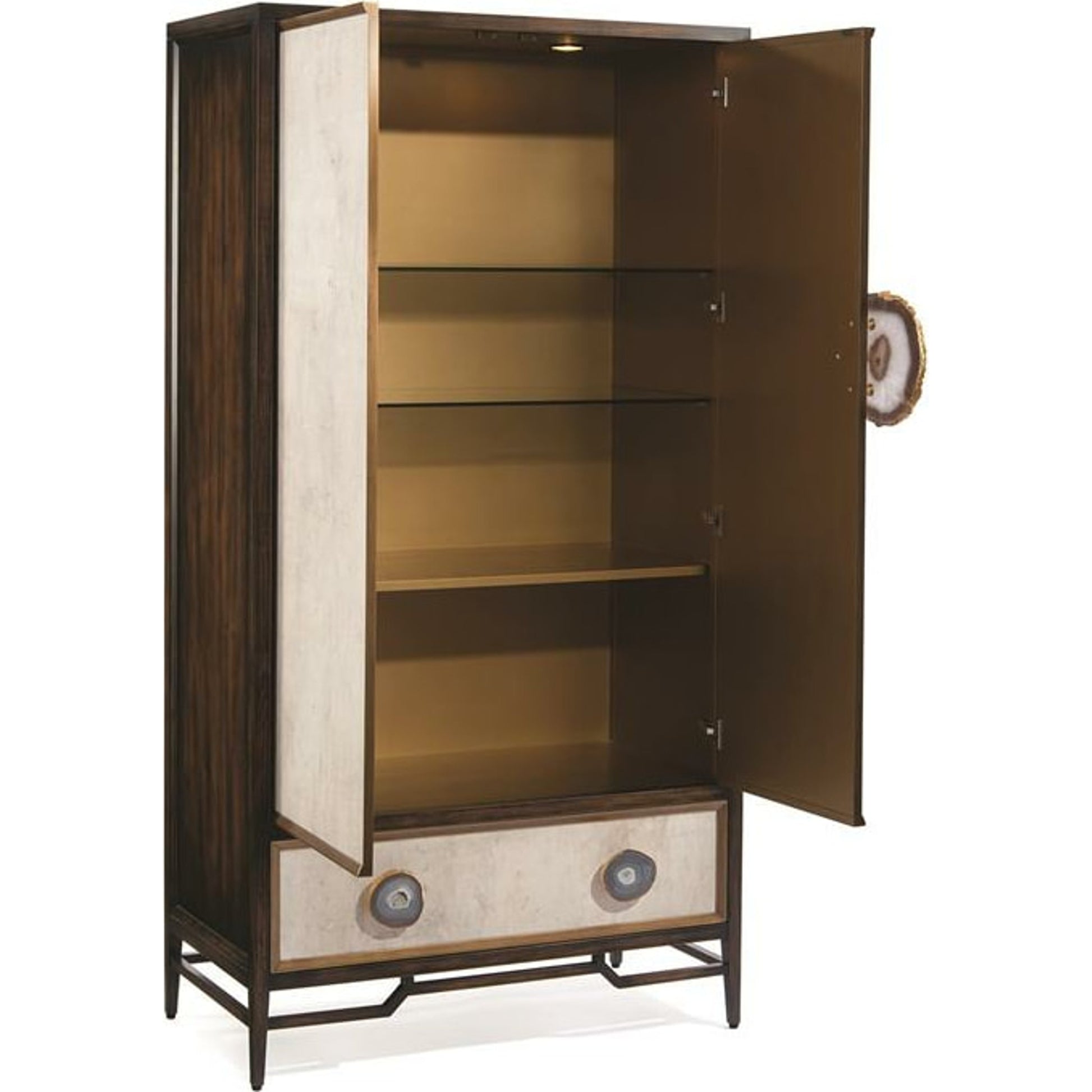 Mercia Bar Cabinet by John-Richard in black, gold, walnut and windsor black, tiza gesso, aztec gold. Made from solid beech, american black walnut, celtis veneers, mdf, agate, pristine wood laminate in a transitional style.
