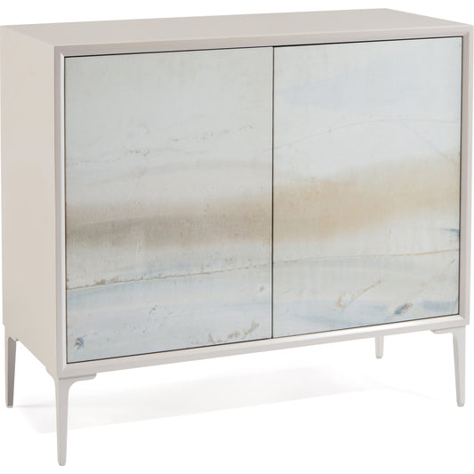 River Cabinet by John-Richard in blue, gray and light gray. Made from tulip, mdf, giclee, aluminum in a coastal style.