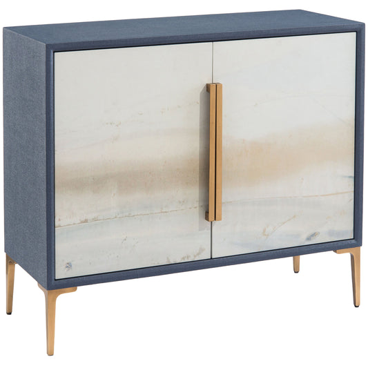 Brentwood Cabinet by John-Richard in blue, brass, gold, indigo and indigo batik. Made from tulip, mdf, linen, giclee, aluminum, stainless steel in a eclectic & global style.