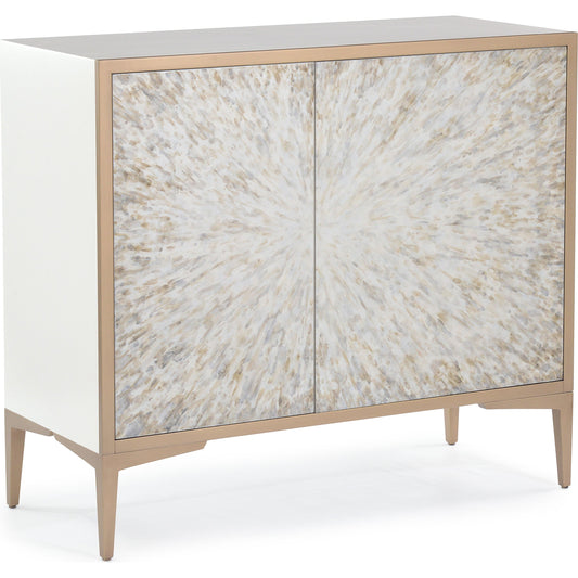 Radiance Cabinet by John-Richard in beluga, brass, white and beluga white pearl, brushed brass, pearlesque. Made from mdf, maple veneer, steel, beech in a modern style.