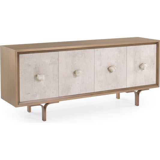 Belgrave Sideboard by John-Richard in ash, brass and brushed brass, tiza gesso. Made from ash veneer, mdf, beech solids, steel, crystal, soft closing hinges in a transitional style.