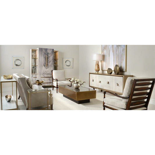 Belgrave Sideboard by John-Richard in ash, brass and brushed brass, tiza gesso. Made from ash veneer, mdf, beech solids, steel, crystal, soft closing hinges in a transitional style.