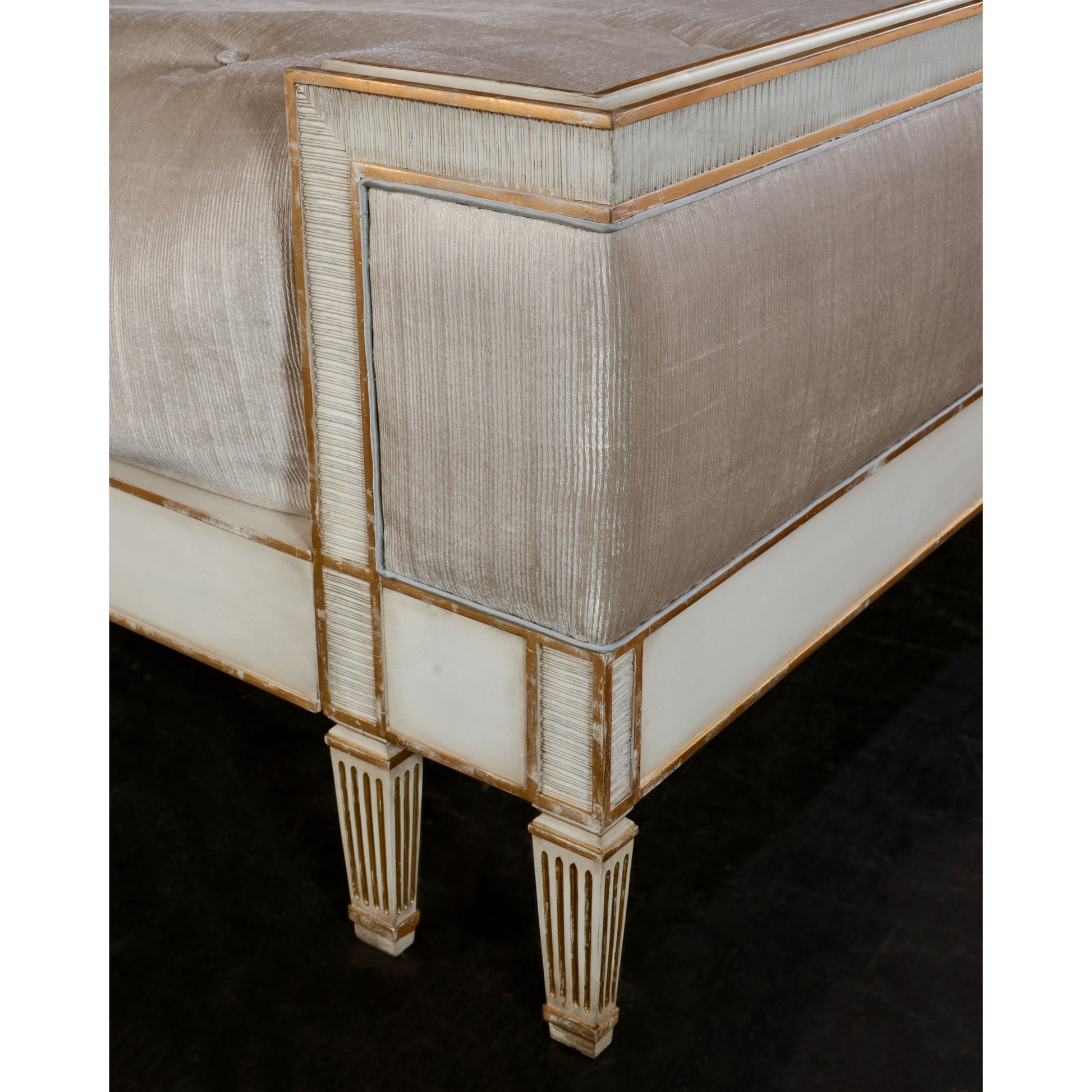 Vallejo Bed by John-Richard in beluga, gold and antique beluga, distressed gold, notra dame smoke. Made from beech, resin, plywood, mdf, fabric in a traditional style.
