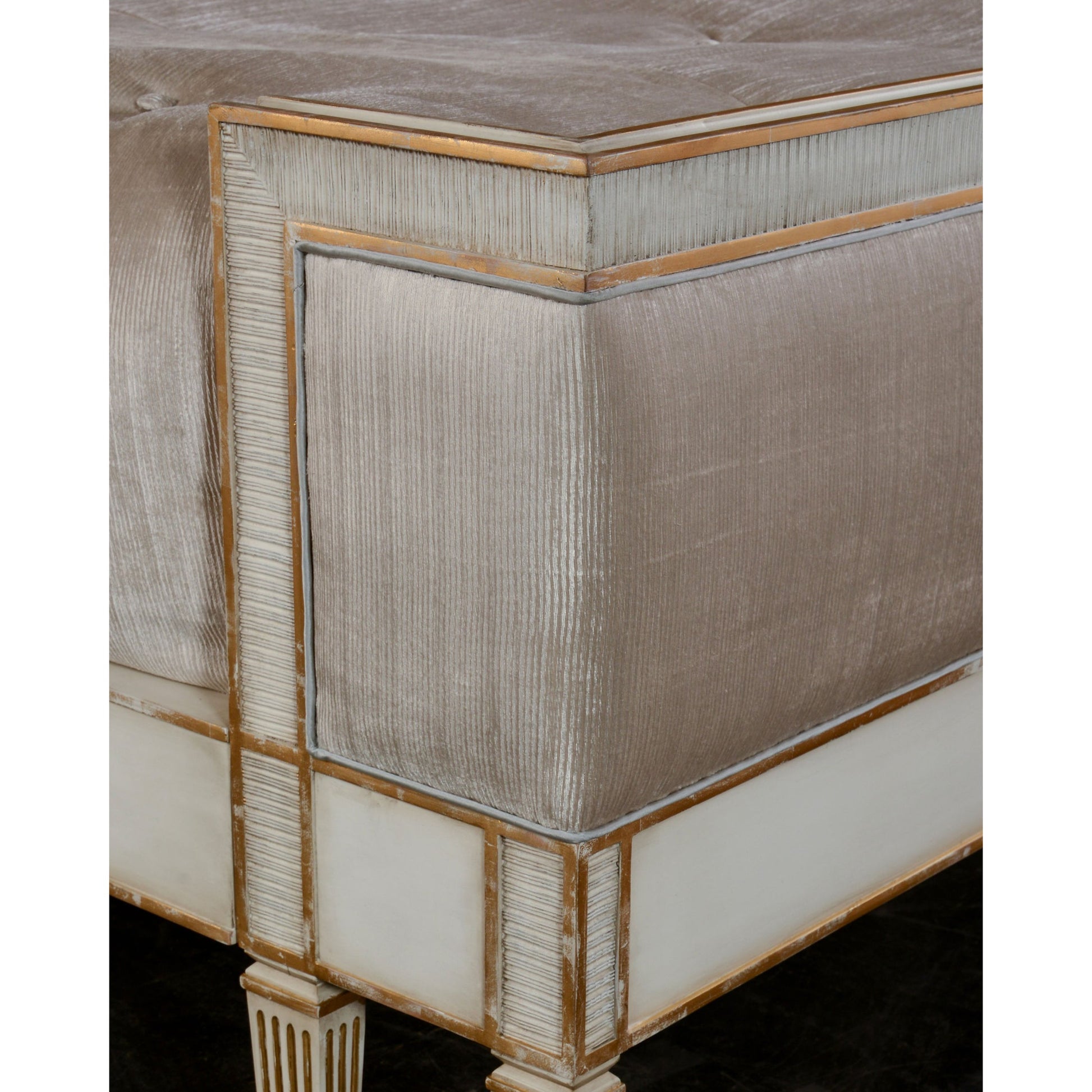 Vallejo Bed by John-Richard in beluga, gold and antique beluga, distressed gold, notra dame smoke. Made from beech, resin, plywood, mdf, fabric in a traditional style.
