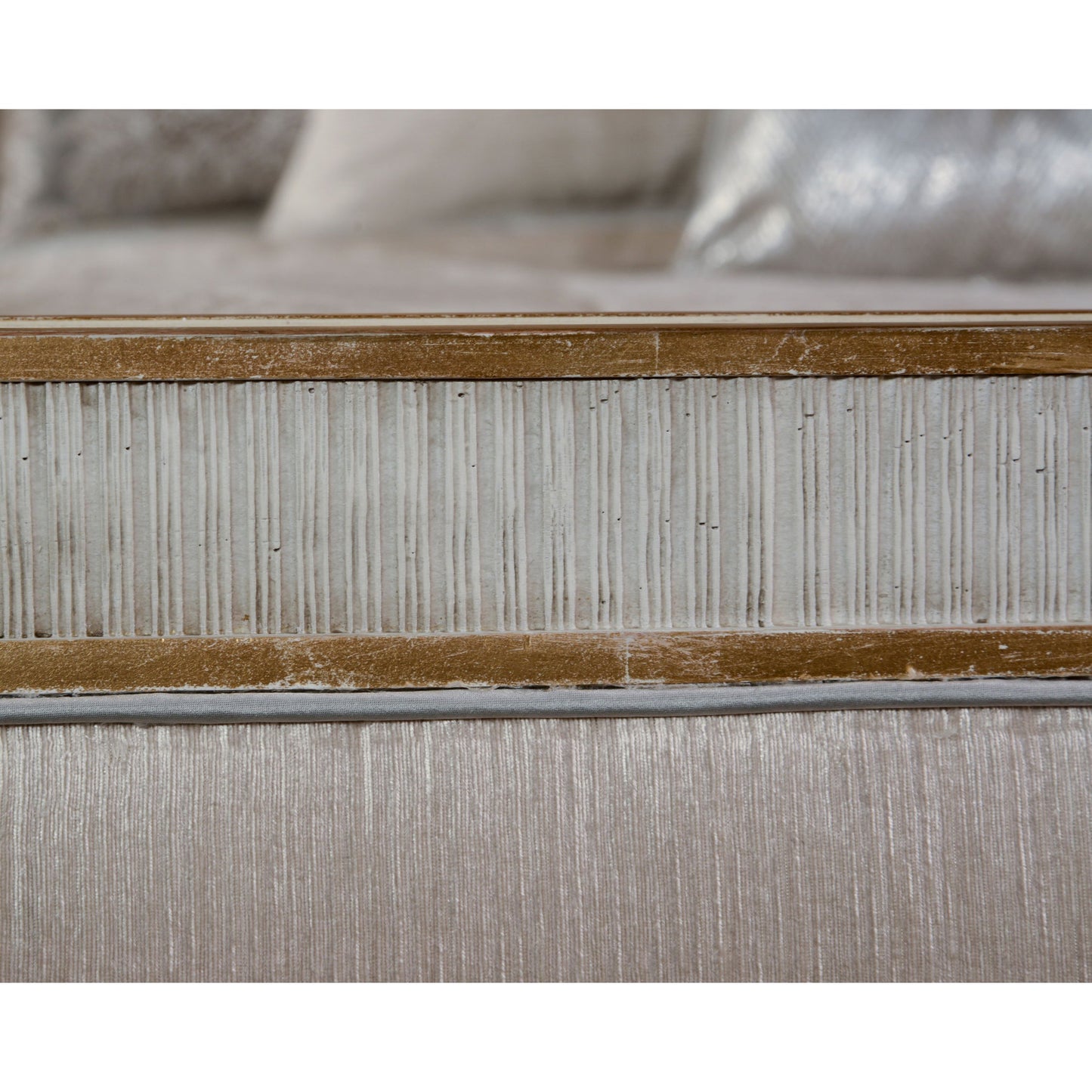 001 SR-772055 | Closeup | Vallejo Bed by John-Richard in beluga, gold and antique beluga, distressed gold, notra dame smoke. Made from beech, resin, plywood, mdf, fabric in a traditional style.