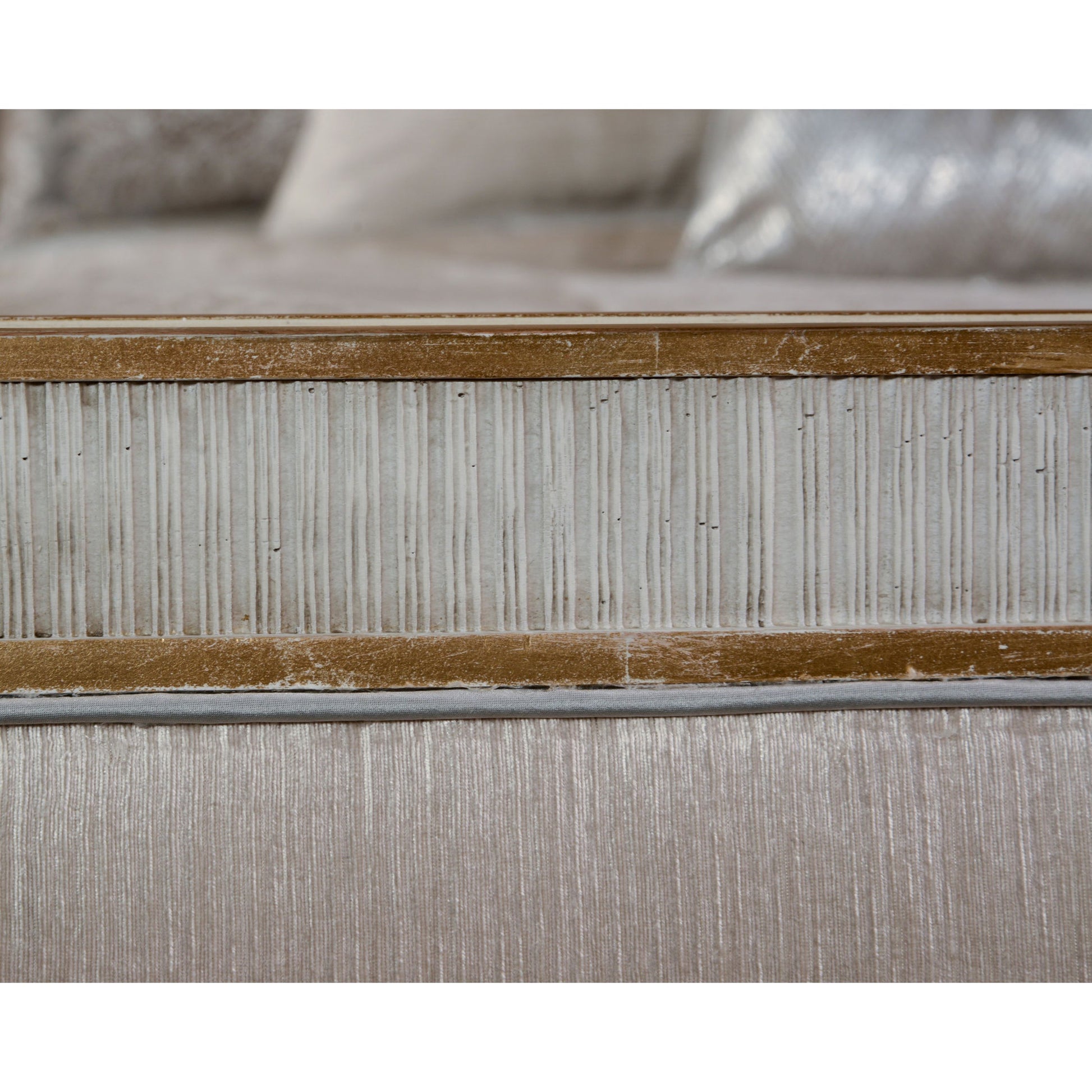 Vallejo Bed by John-Richard in beluga, gold and antique beluga, distressed gold, notra dame smoke. Made from beech, resin, plywood, mdf, fabric in a traditional style.