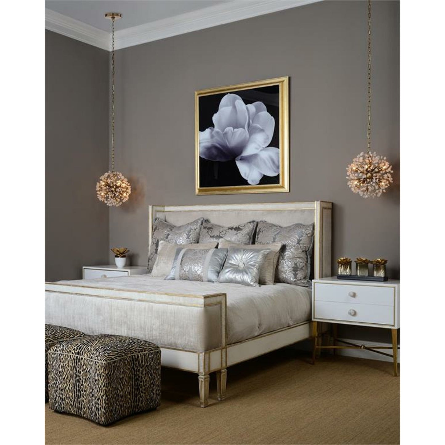 005 SR-772055 | Lifestyle | Vallejo Bed by John-Richard in beluga, gold and antique beluga, distressed gold, notra dame smoke. Made from beech, resin, plywood, mdf, fabric in a traditional style.