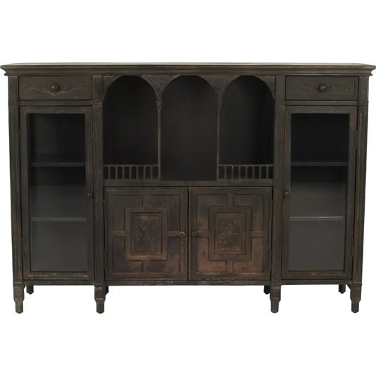 Esme Buffet by Zentique in distressed black, bronze and metal, glass. Made from metal, glass in a traditional style.