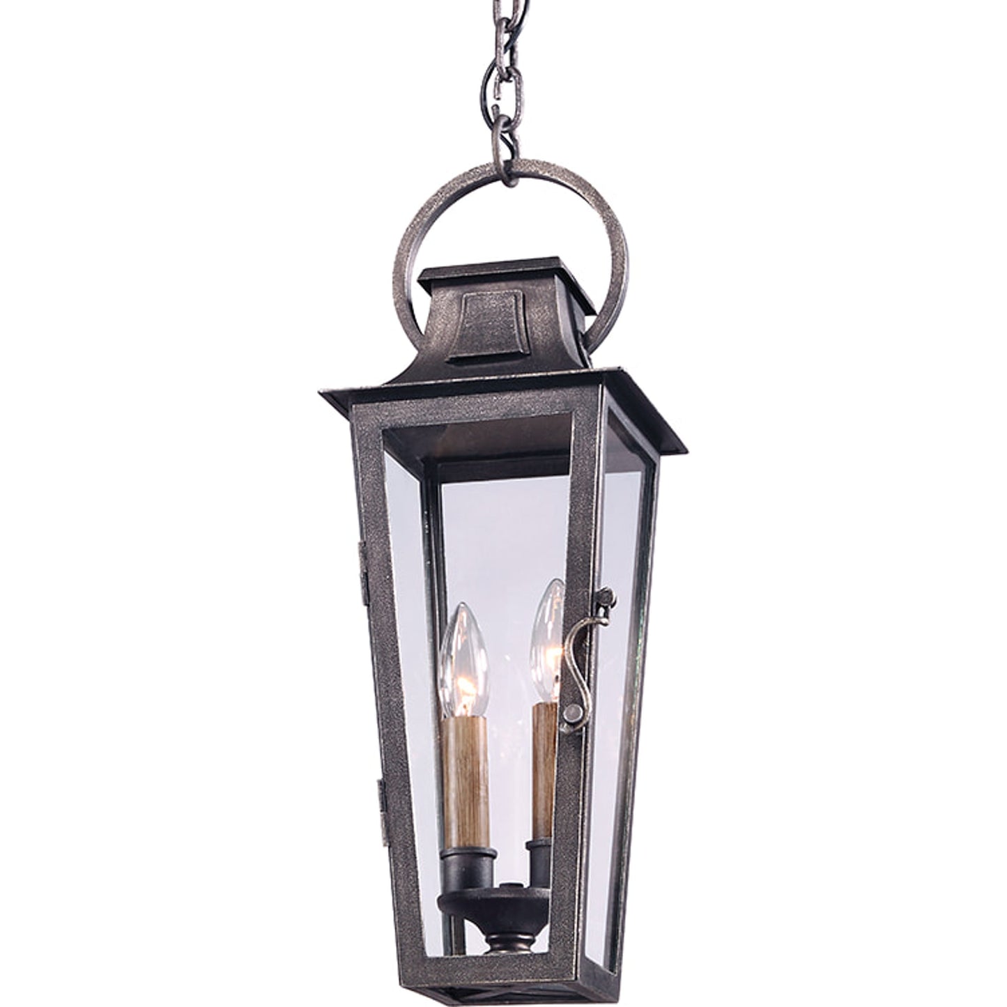 002 S-314854 | Primary Silo | Parisian Square Hanging Lantern by Troy in aged pewter. Made from hand-forged iron in a rustic style.