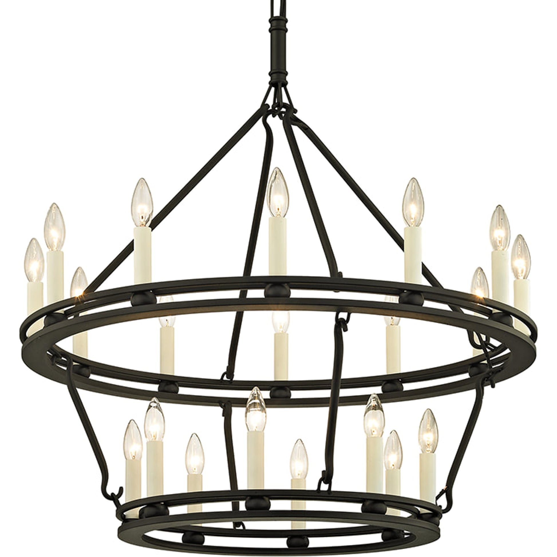 Sutton 20 Light Chandelier by Troy in champagne silver leaf. Made from hand worked iron in a rustic style.