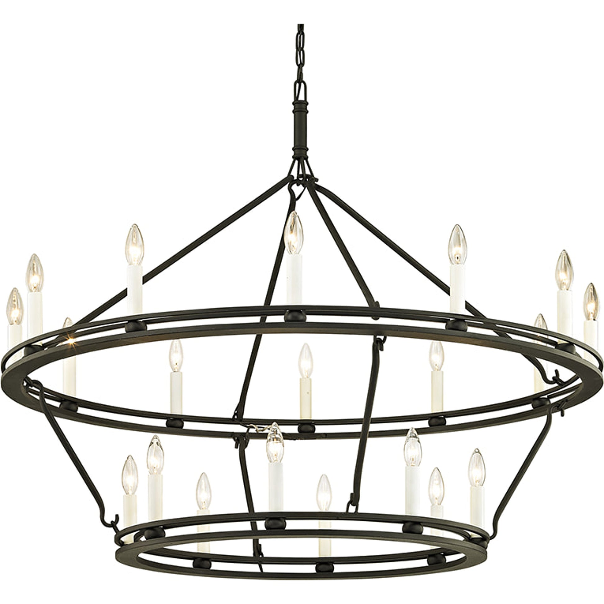 Sutton 20 Light Chandelier by Troy in champagne silver leaf. Made from hand worked iron in a rustic style.