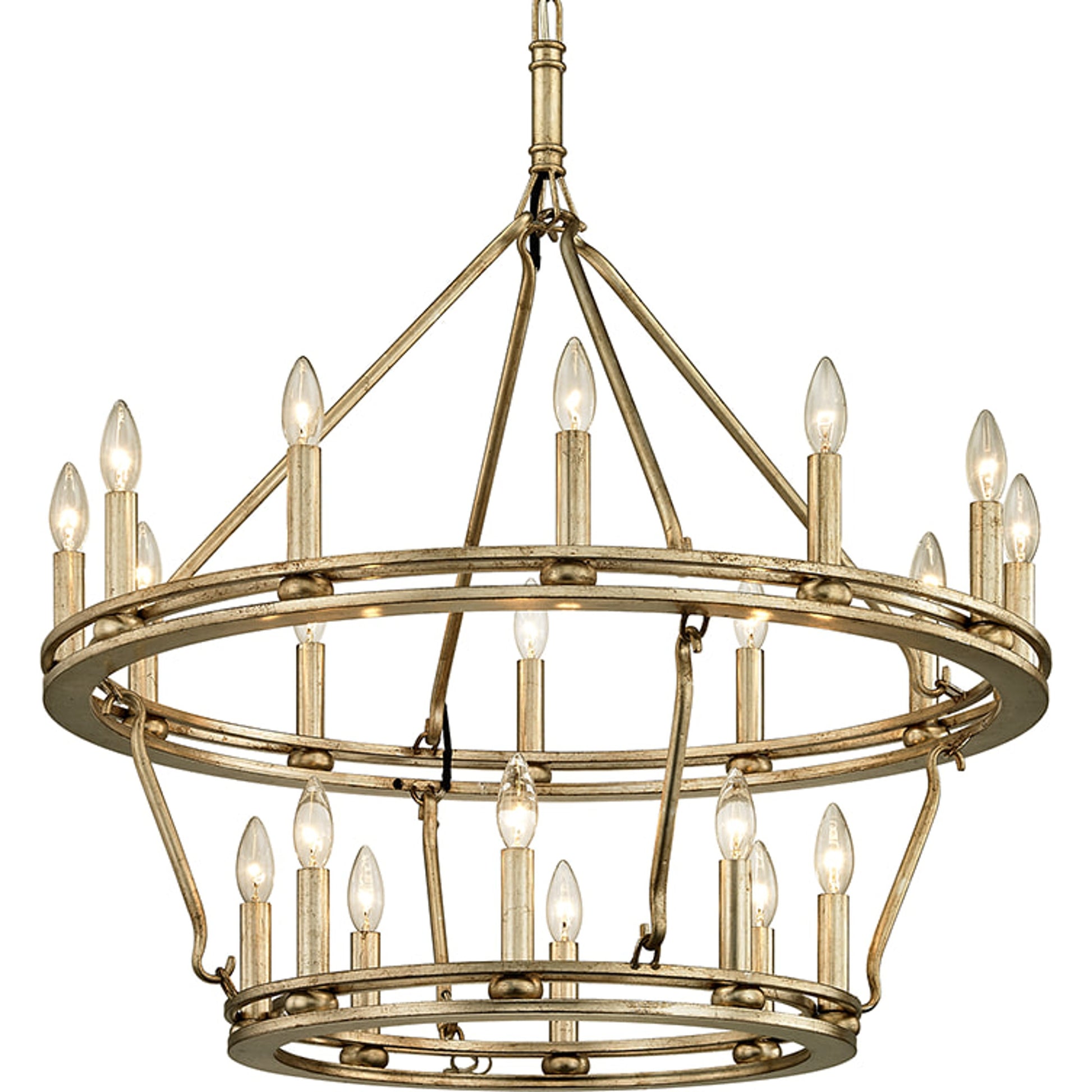 Sutton 20 Light Chandelier by Troy in champagne silver leaf. Made from hand worked iron in a rustic style.